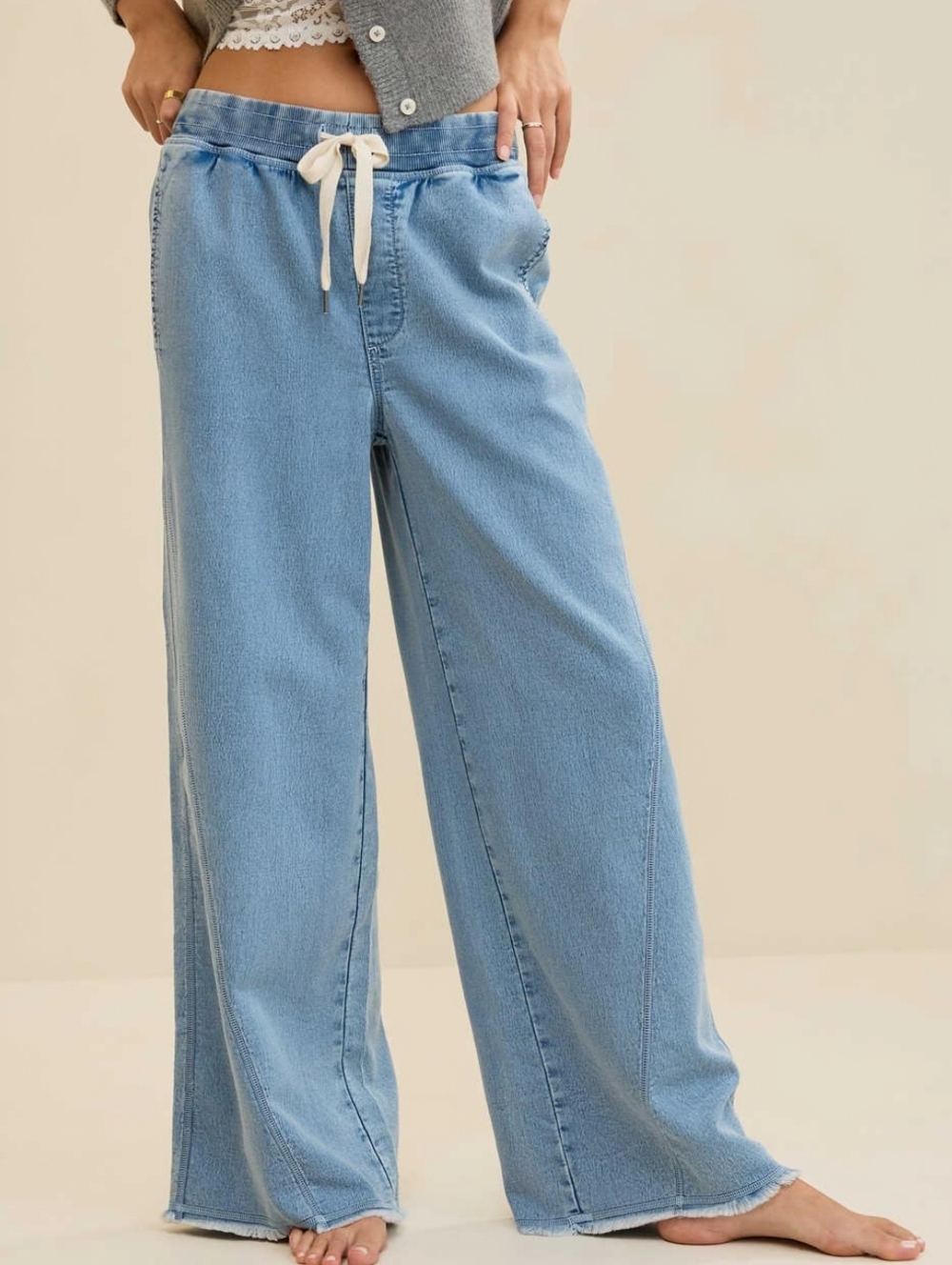 aerie Light Blue Wide-Leg Drawstring Jeans
